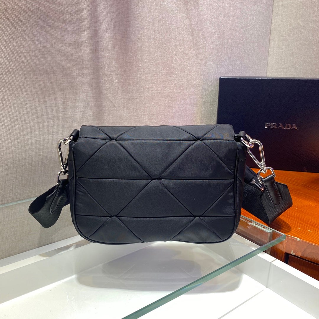 Small Flap Bag 21 in Black Triangular Quilted Pattern Re-nylon