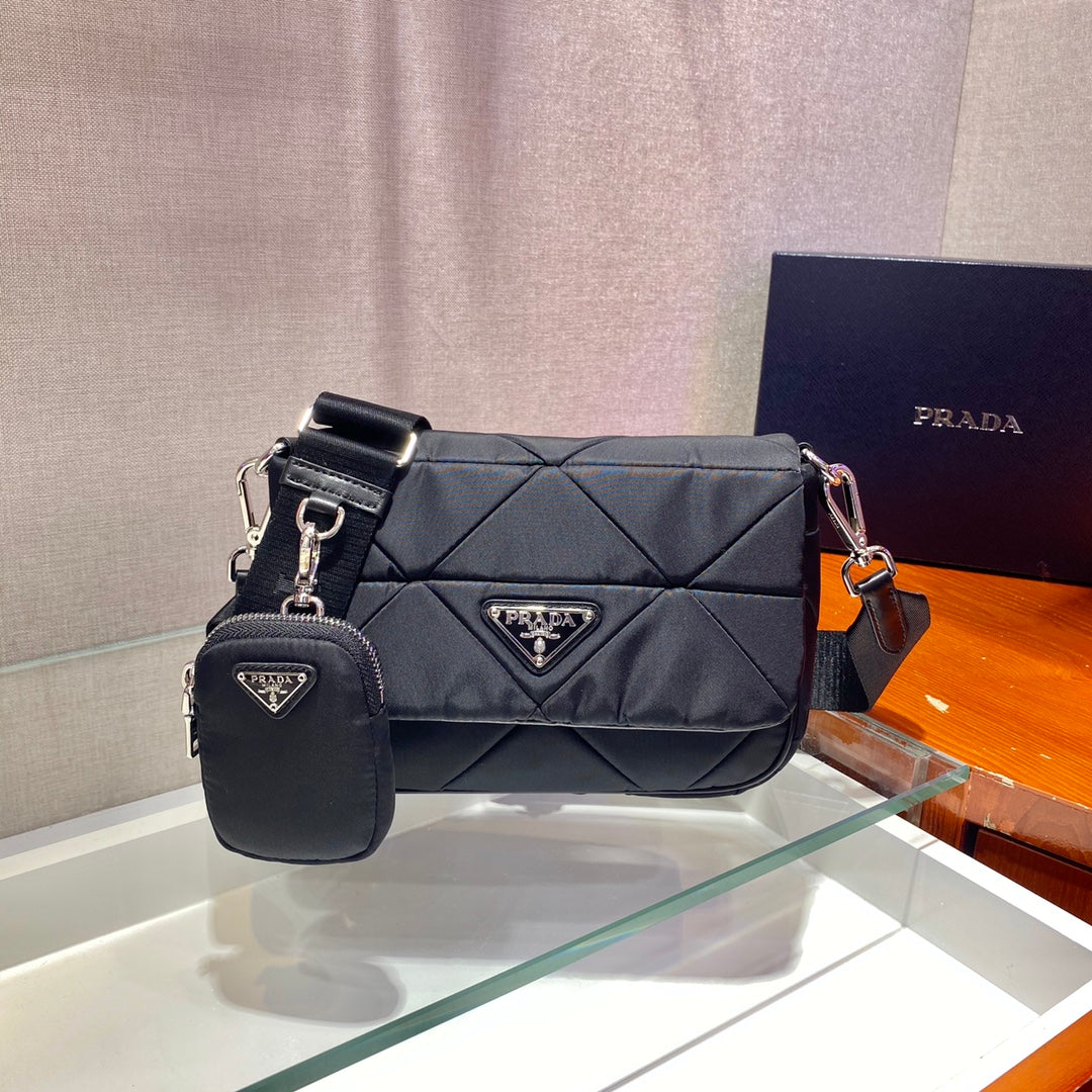Small Flap Bag 21 in Black Triangular Quilted Pattern Re-nylon