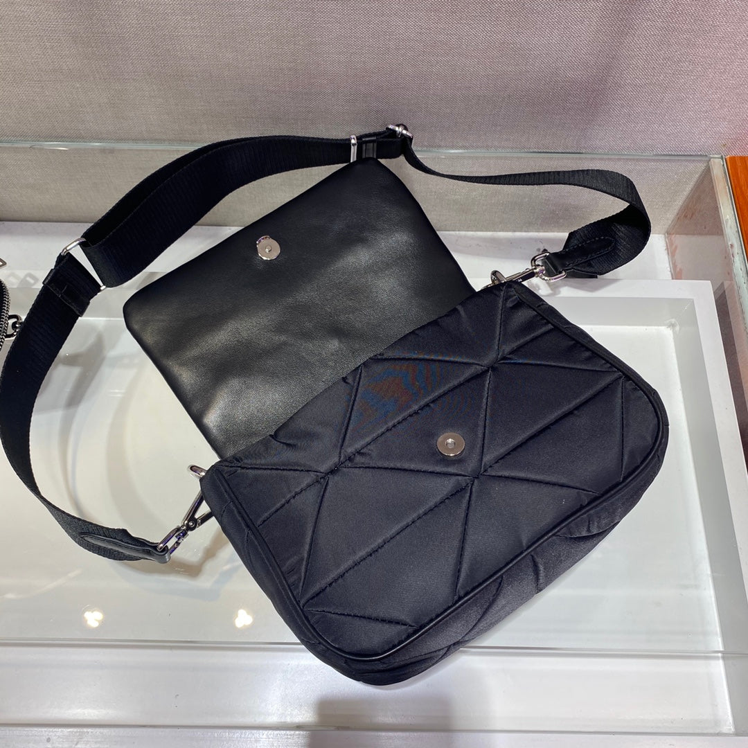 Small Flap Bag 21 in Black Triangular Quilted Pattern Re-nylon