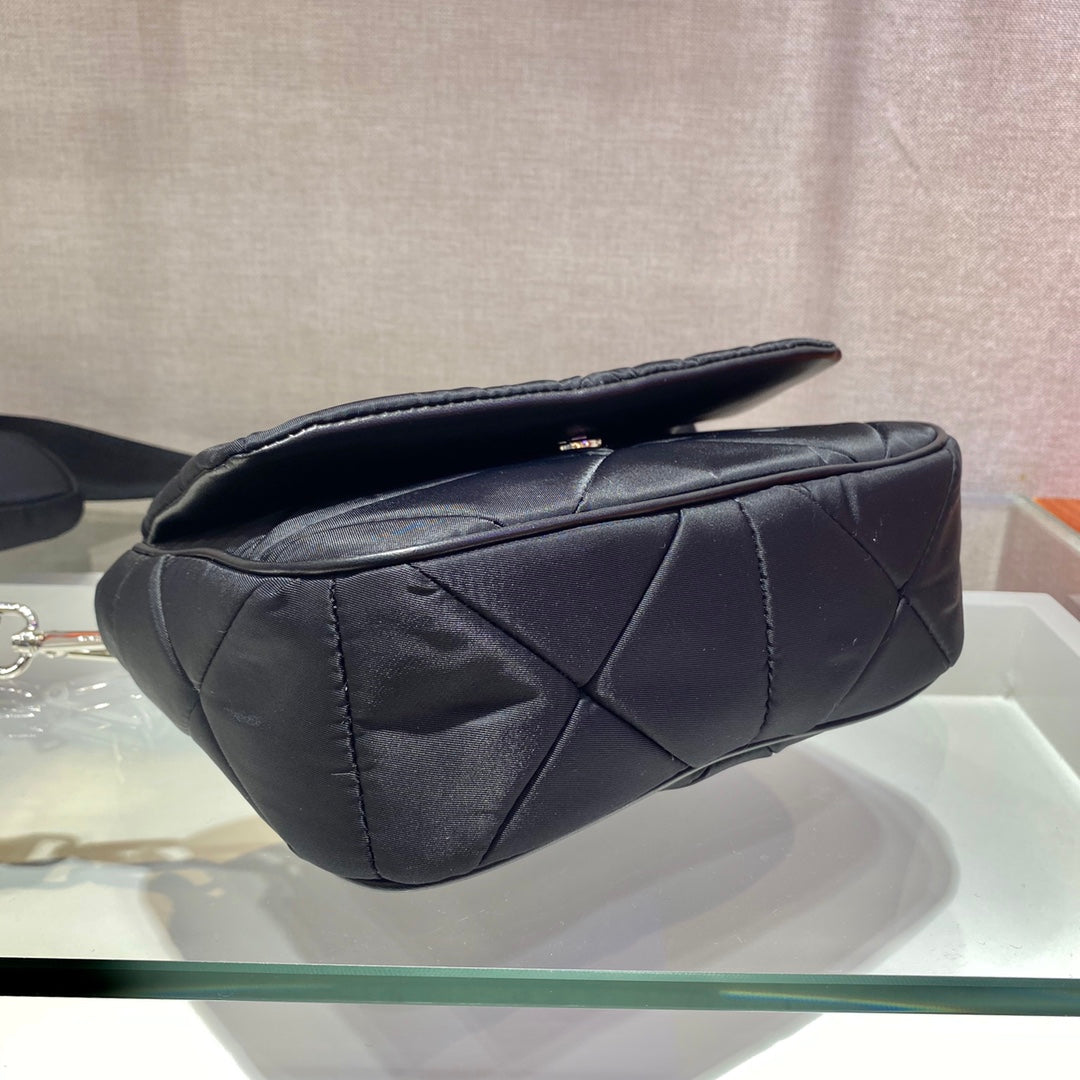 Small Flap Bag 21 in Black Triangular Quilted Pattern Re-nylon