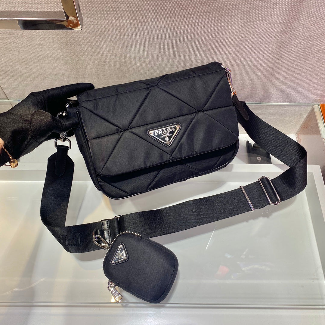 Small Flap Bag 21 in Black Triangular Quilted Pattern Re-nylon