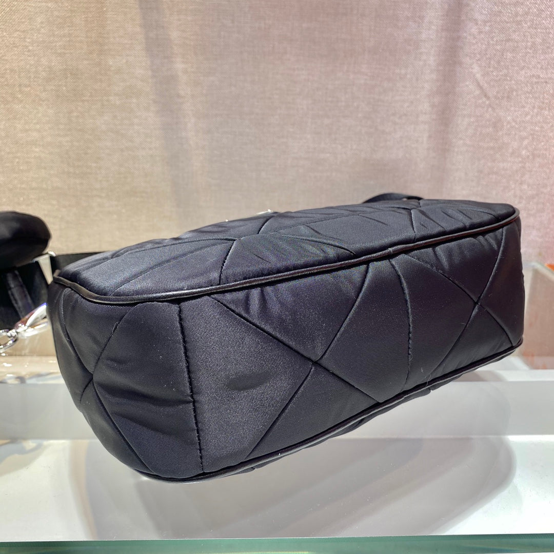 Hobo Bag 24 in Black Triangular Quilted Pattern Re-nylon