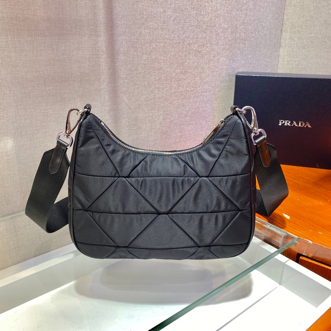 Hobo Bag 24 in Black Triangular Quilted Pattern Re-nylon