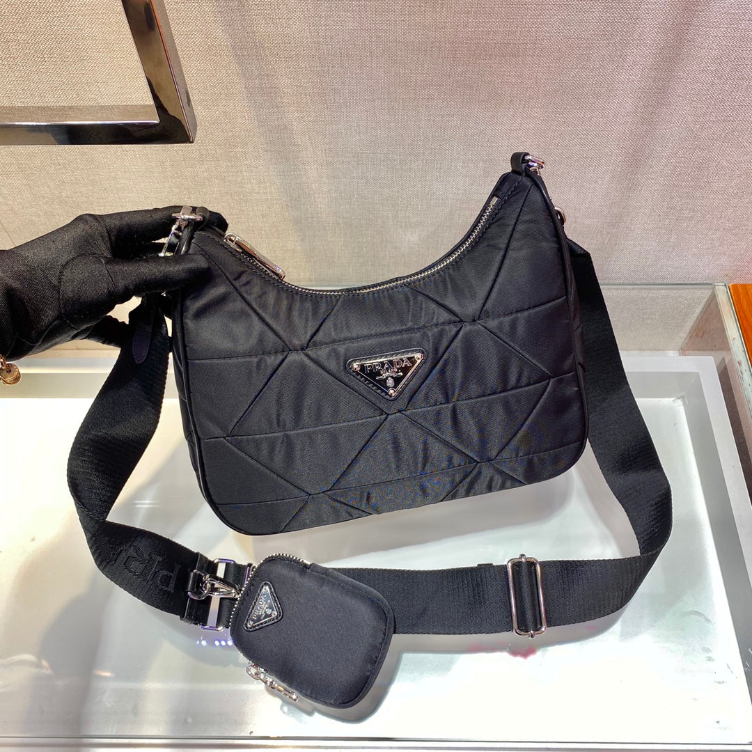 Hobo Bag 24 in Black Triangular Quilted Pattern Re-nylon