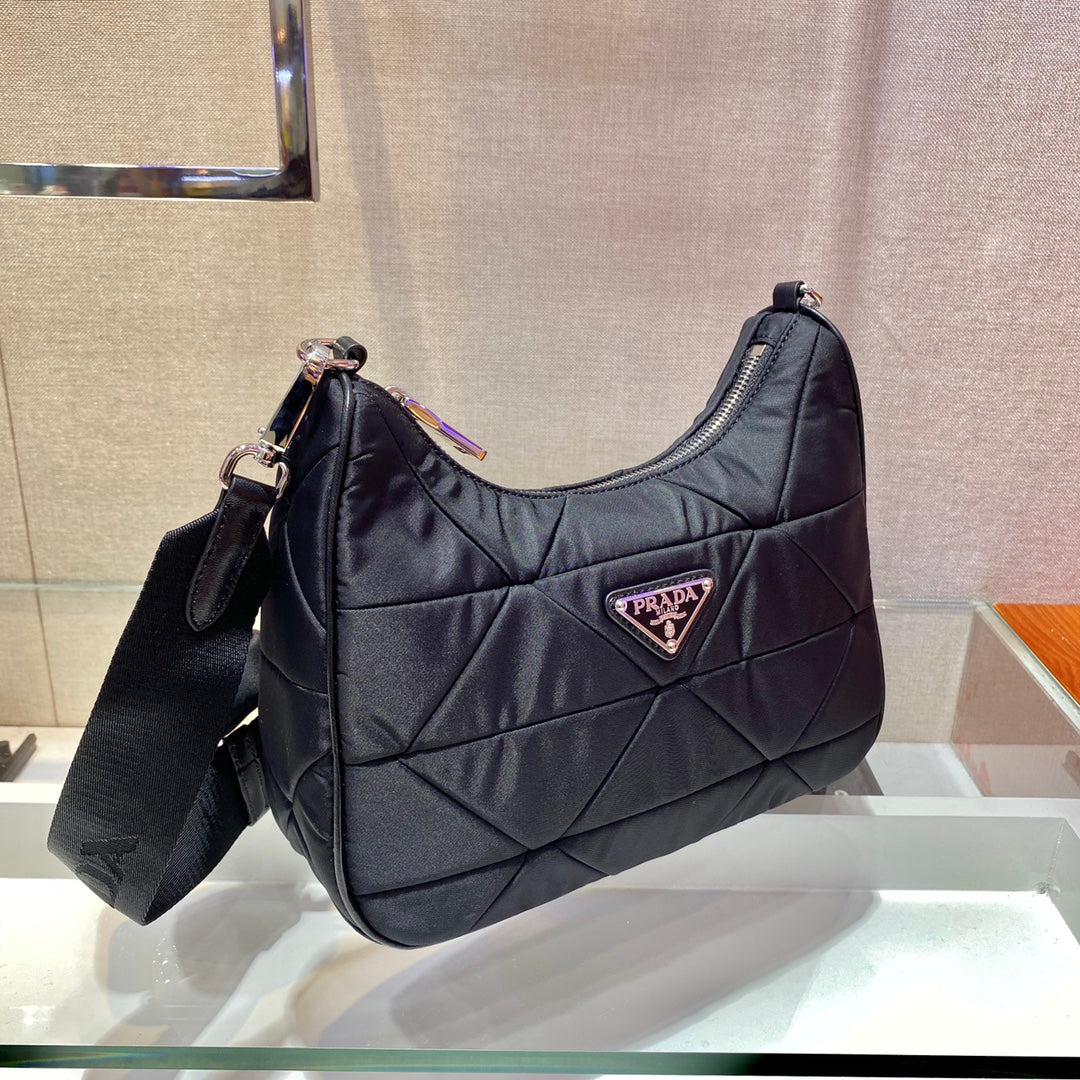 Hobo Bag 24 in Black Triangular Quilted Pattern Re-nylon