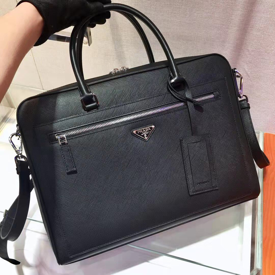 Pra 38 Briefcase in Black Saffiano Leather