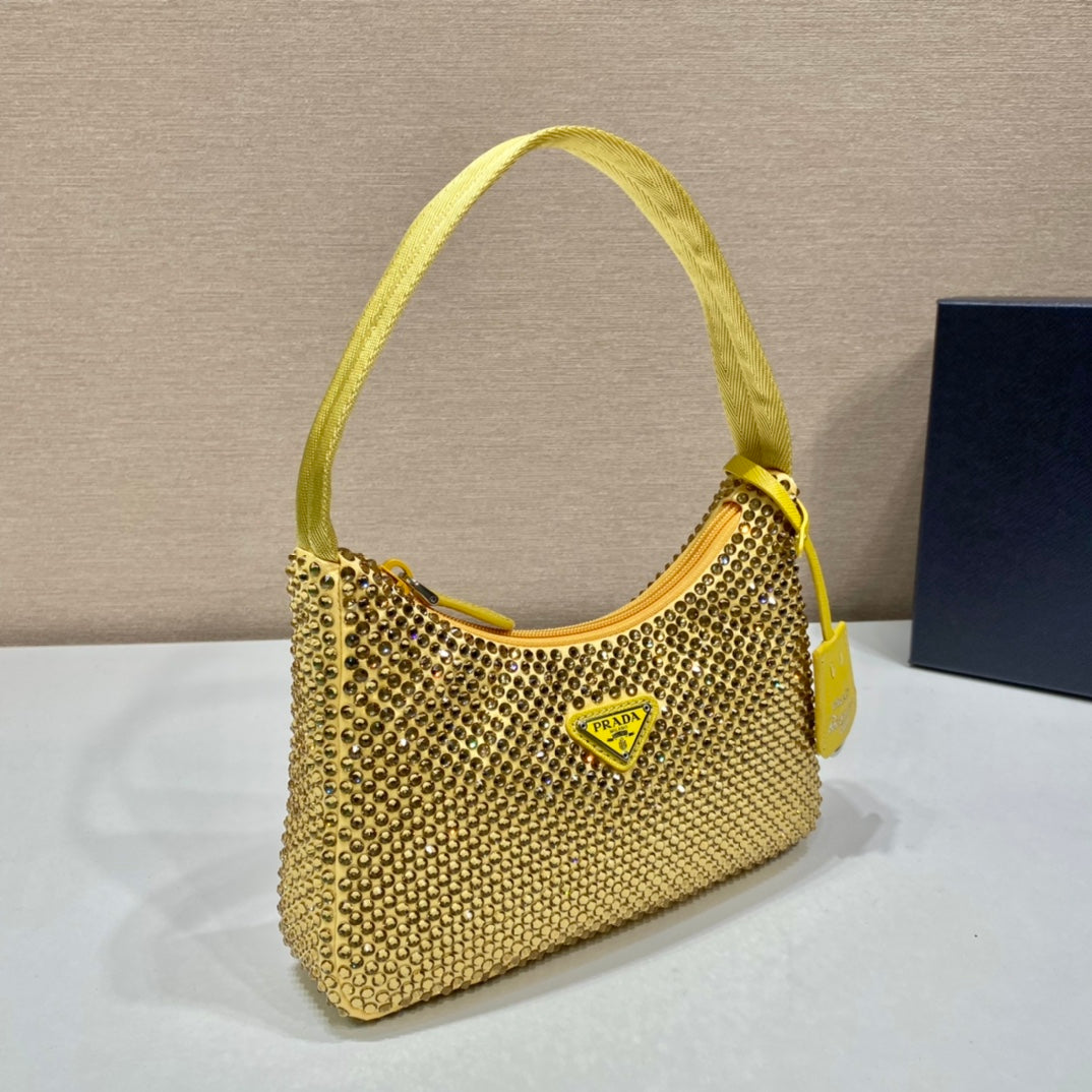 Sparkling Hobo Bag 23 in Yellow Nylon Attached Fully Crystals