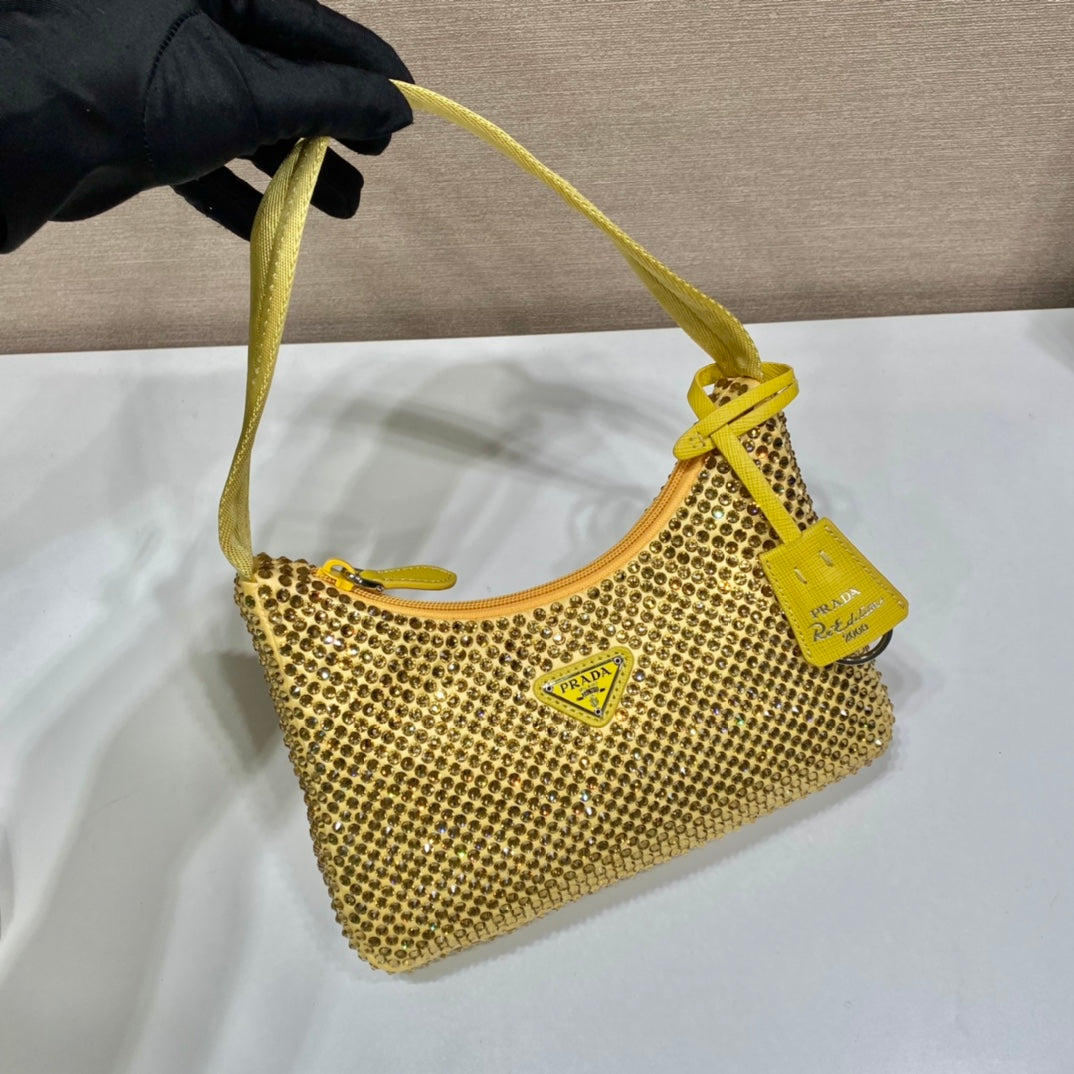Sparkling Hobo Bag 23 in Yellow Nylon Attached Fully Crystals