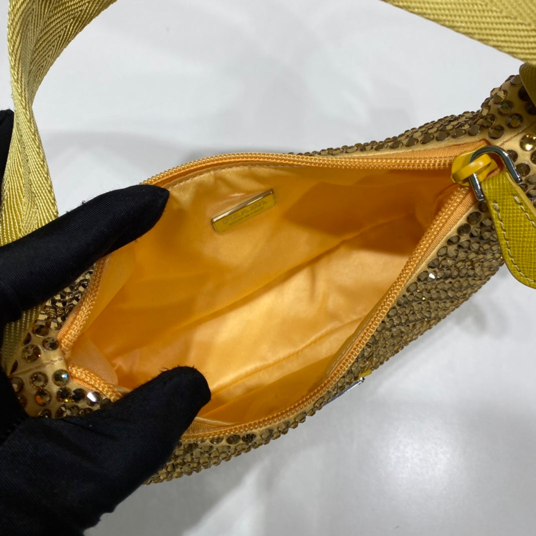 Sparkling Hobo Bag 23 in Yellow Nylon Attached Fully Crystals