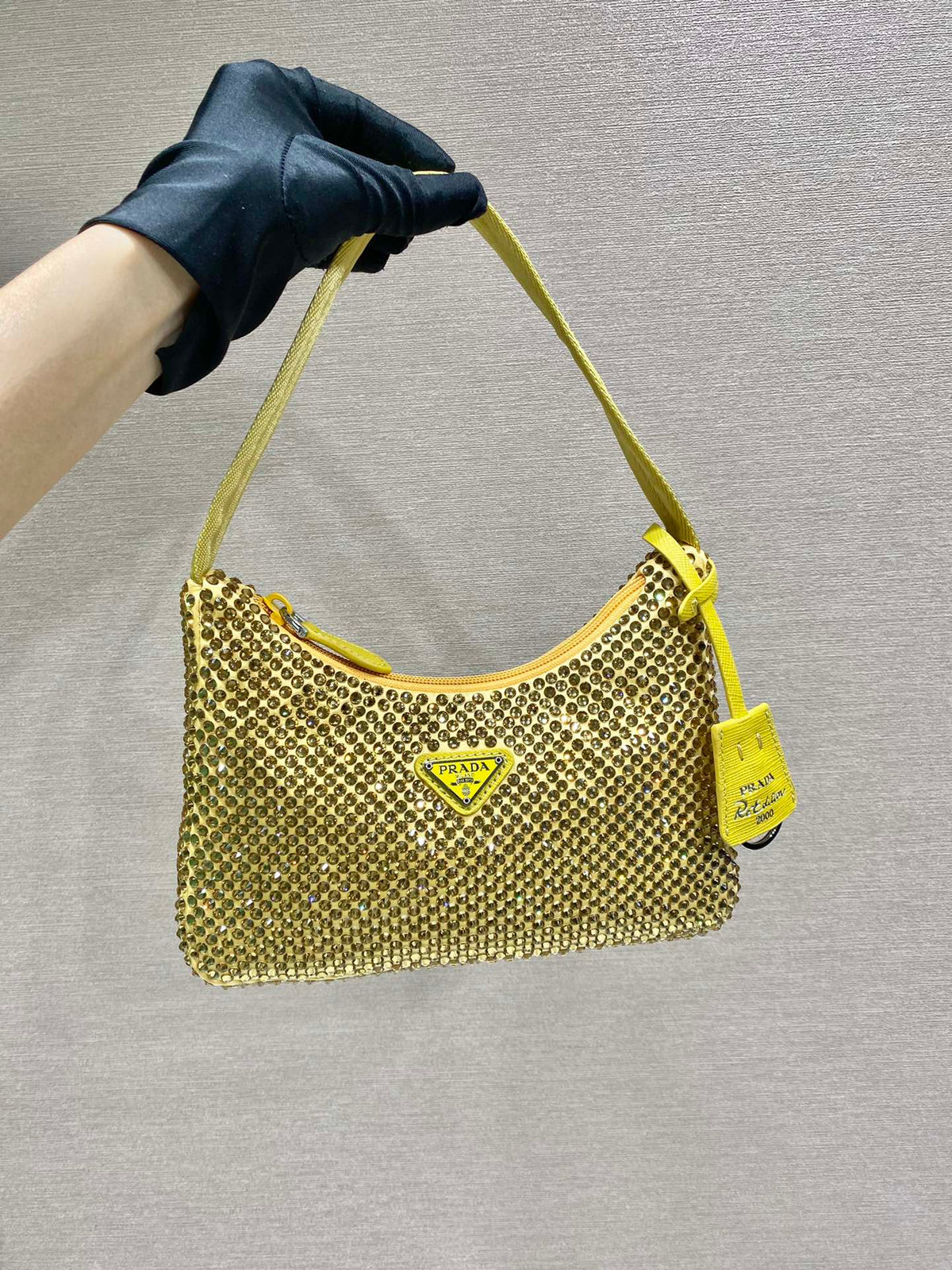 Sparkling Hobo Bag 23 in Yellow Nylon Attached Fully Crystals