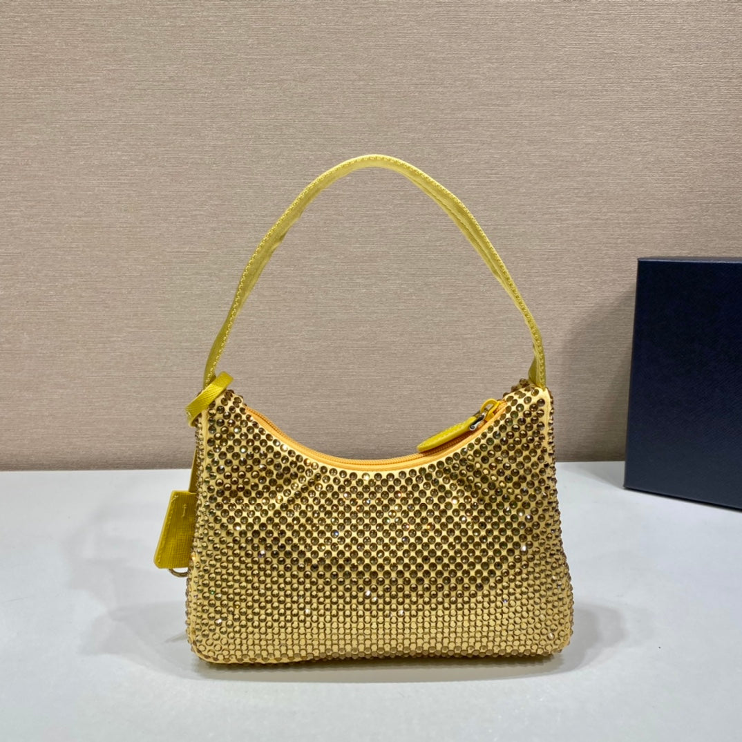 Sparkling Hobo Bag 23 in Yellow Nylon Attached Fully Crystals