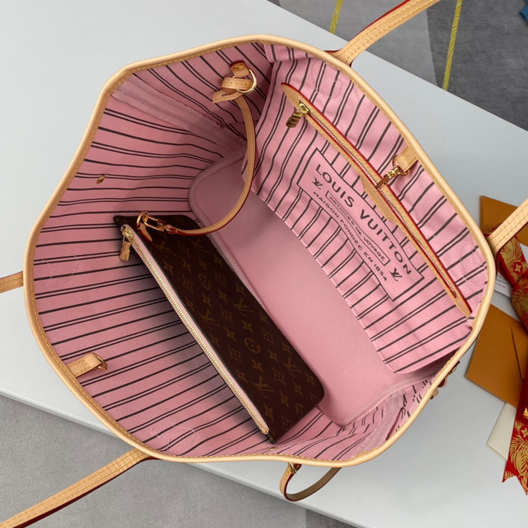 Neverfull MM 32 Brown Beige Pink Monogram Canvas