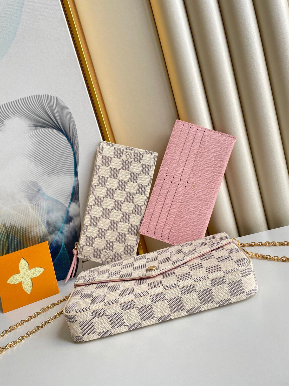 Félicie Pochette 21 in Blue Beige Damier Azur Canvas Gold Hardware