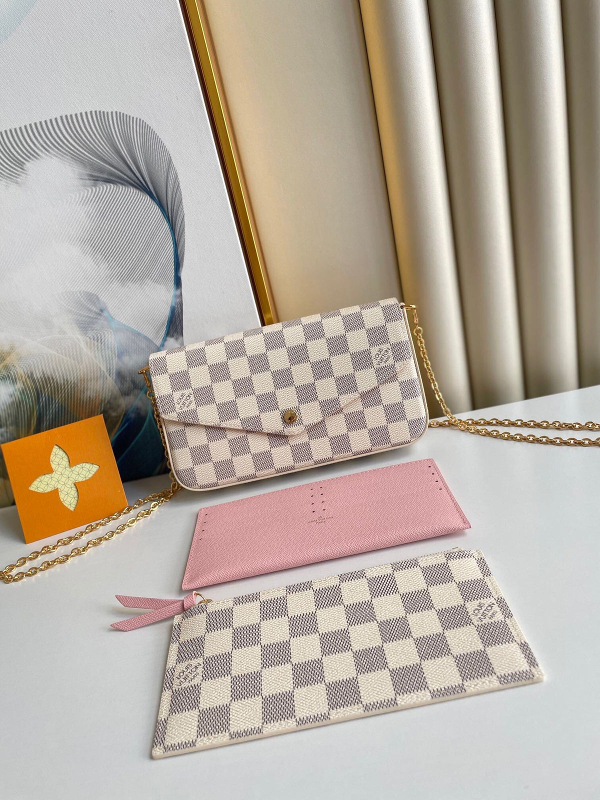 Félicie Pochette 21 in Blue Beige Damier Azur Canvas Gold Hardware