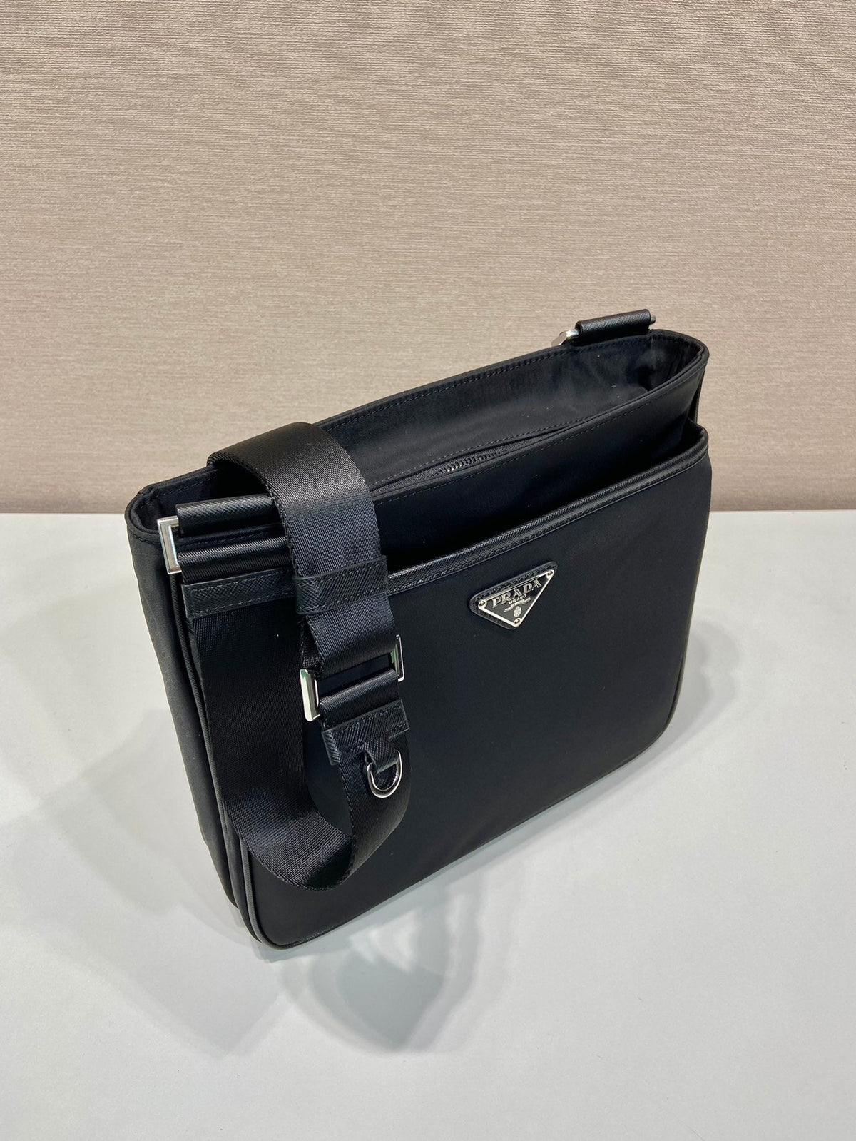 Square Bag 28 in Black Re-nylon and Saffiano Leather Trim