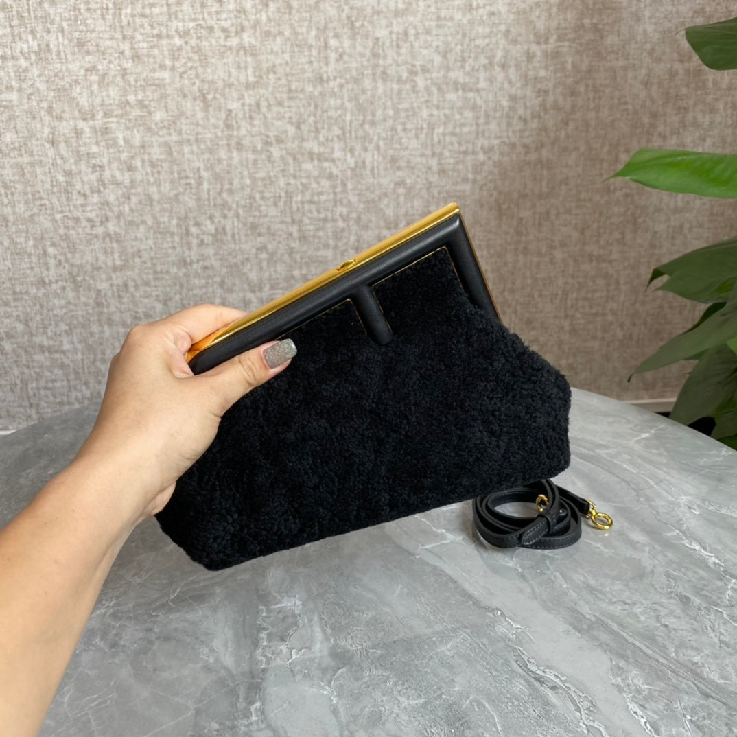Fend First Mini 26 Bag in Black Wool with Gold Hardware
