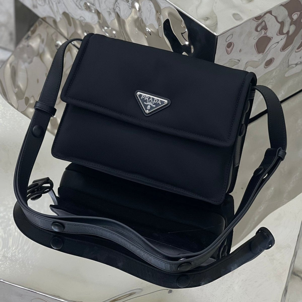 Pra Cini 23 Medium Bag in Black Re-nylon with Strap