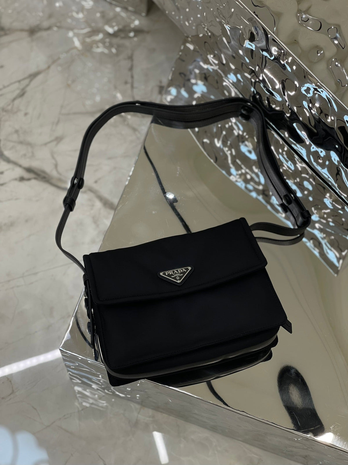 Pra Cini 23 Medium Bag in Black Re-nylon with Strap