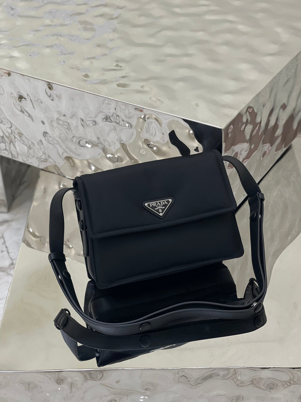 Pra Cini 23 Medium Bag in Black Re-nylon with Strap
