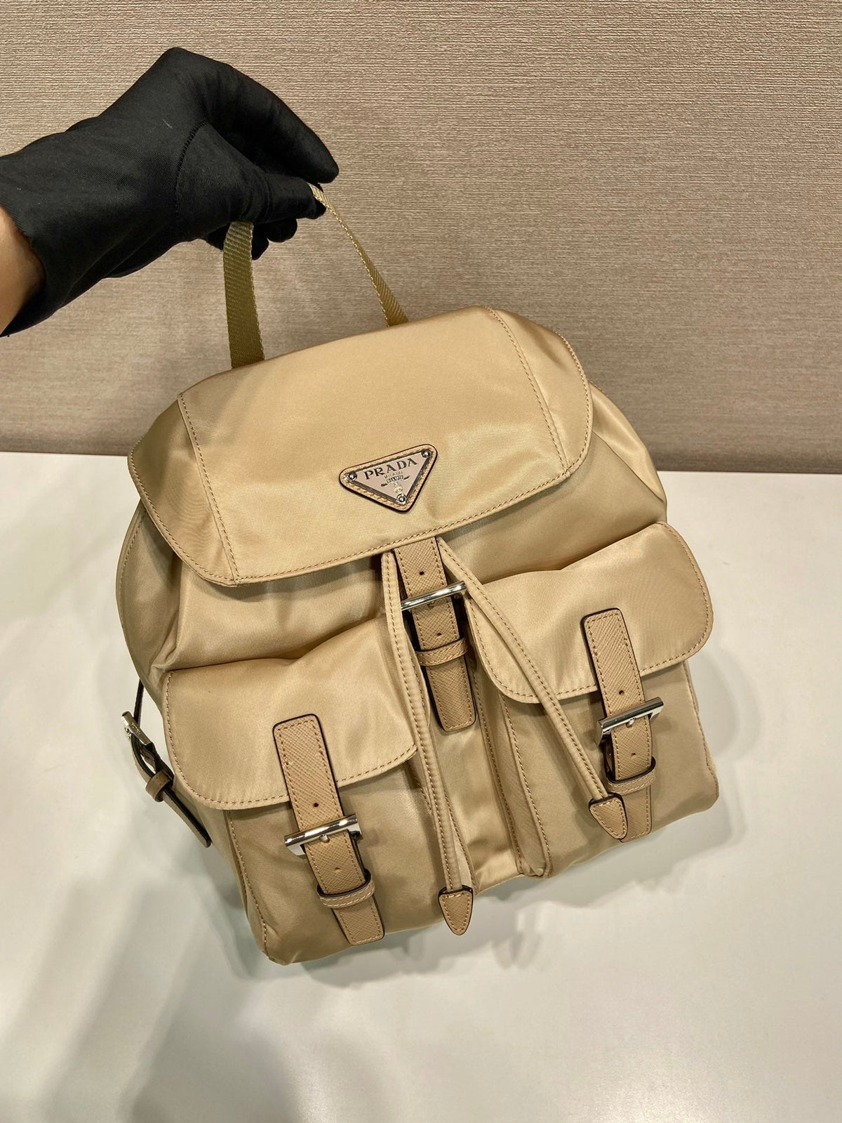 Small Backpack 28 in Shoelace Beige Parachute Fabric