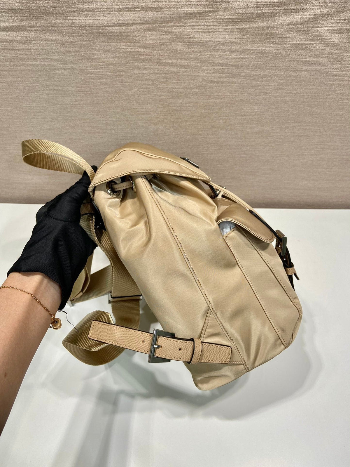 Small Backpack 28 in Shoelace Beige Parachute Fabric