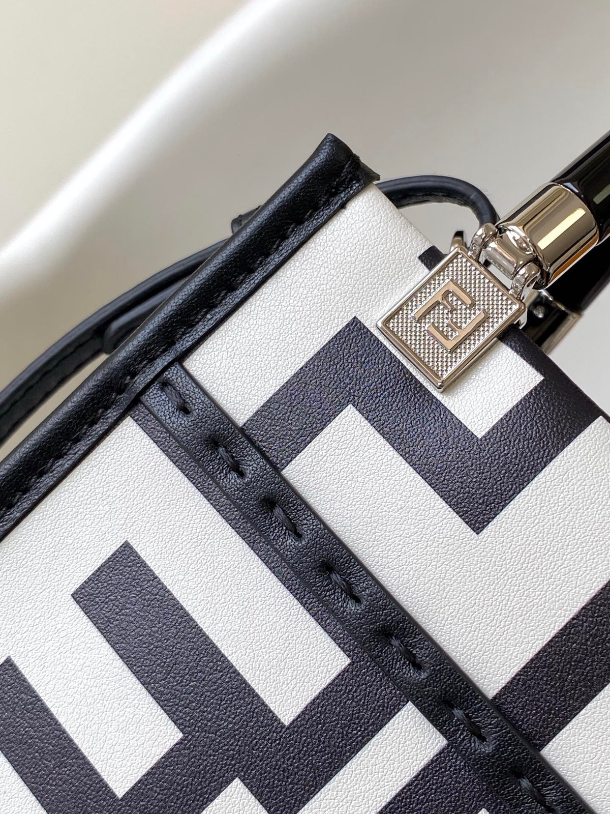 Mini Sunshine Shopper Bag 18 in White Mix Black Smooth Calfskin