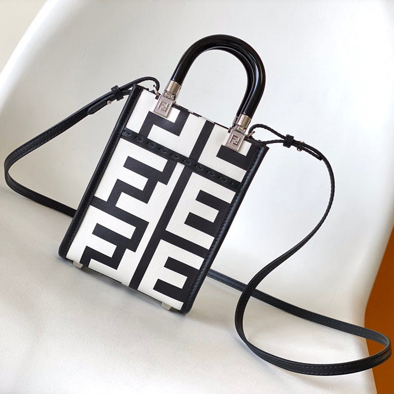 Mini Sunshine Shopper Bag 18 in White Mix Black Smooth Calfskin