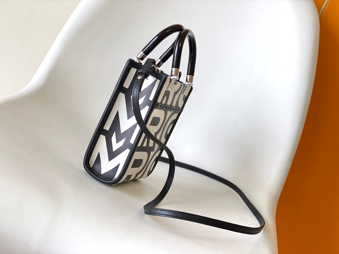 Mini Sunshine Shopper Bag 18 in White Mix Black Smooth Calfskin