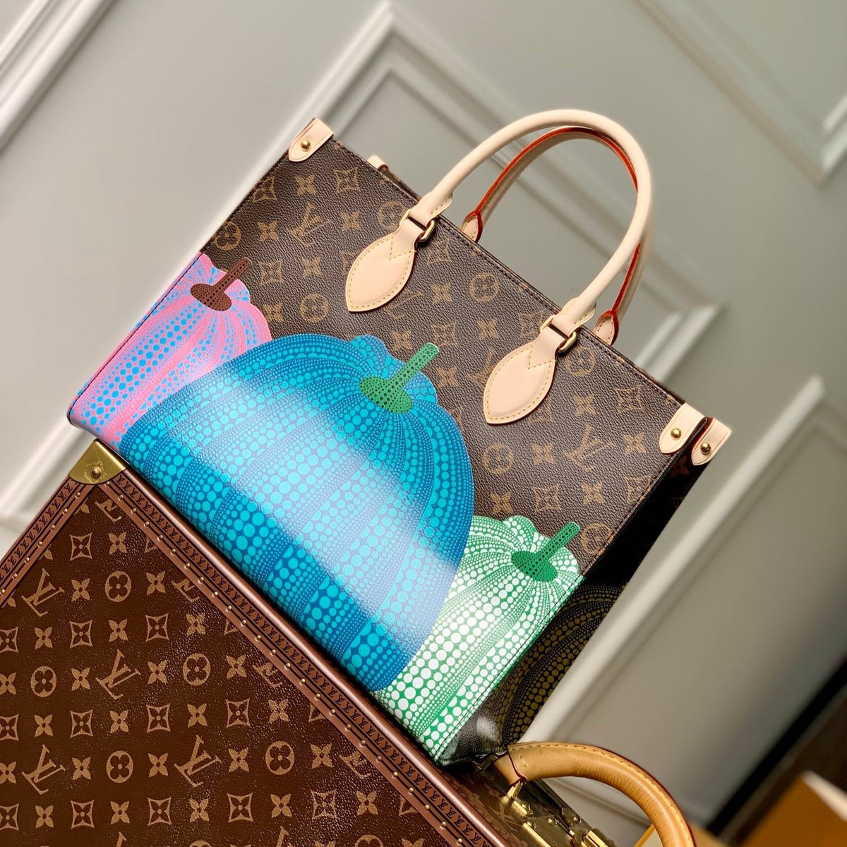 LV X Yk Onthego 35 in Brown Monogram Coated Canvas and Calfskin Pumpkin Pattern