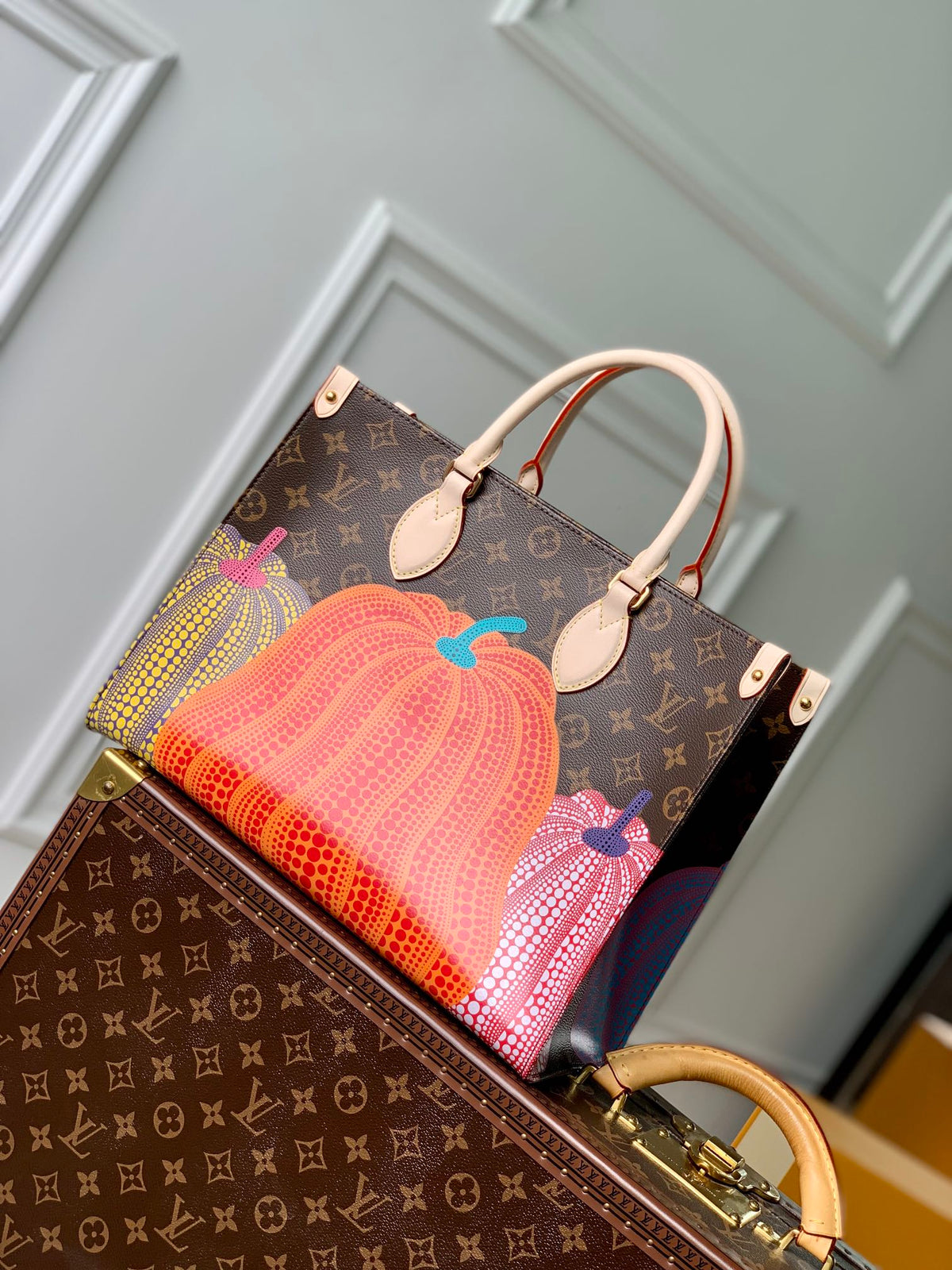 LV X Yk Onthego 35 in Brown Monogram Coated Canvas and Calfskin Pumpkin Pattern