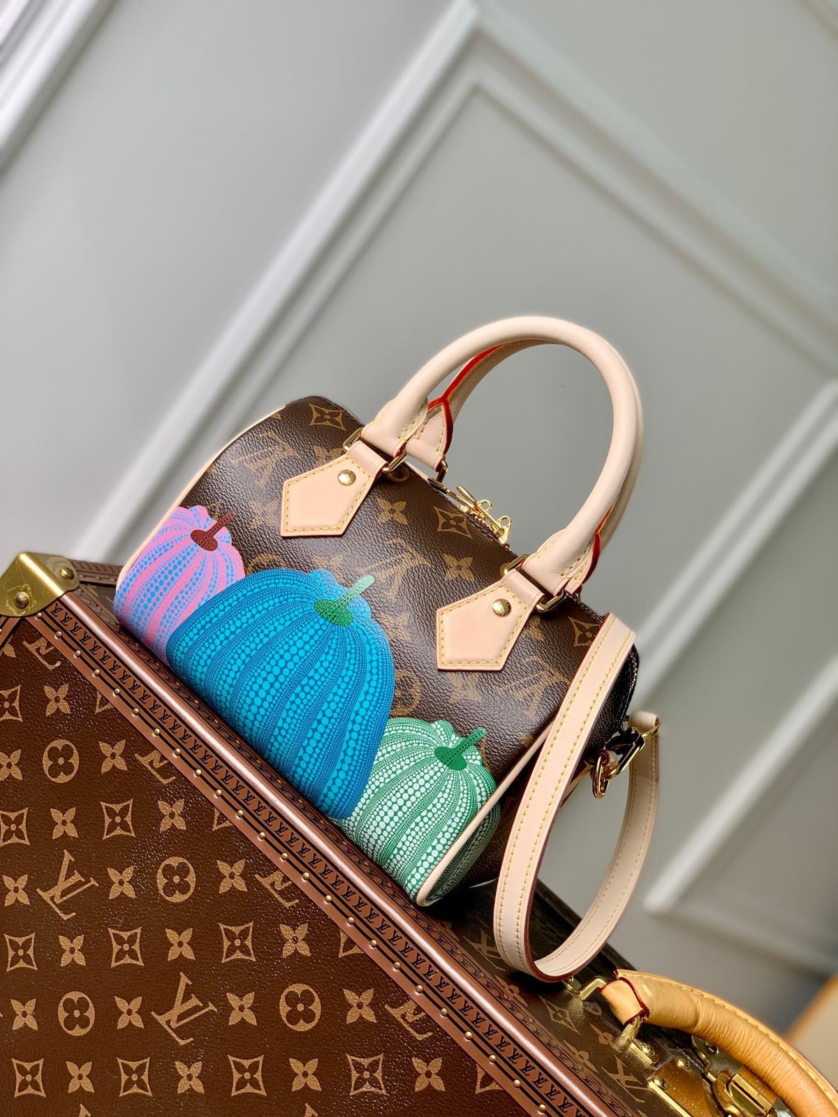 X Yk Speedy Bandoulière 20 in Brown Monogram Coated Canvas and Calfskin