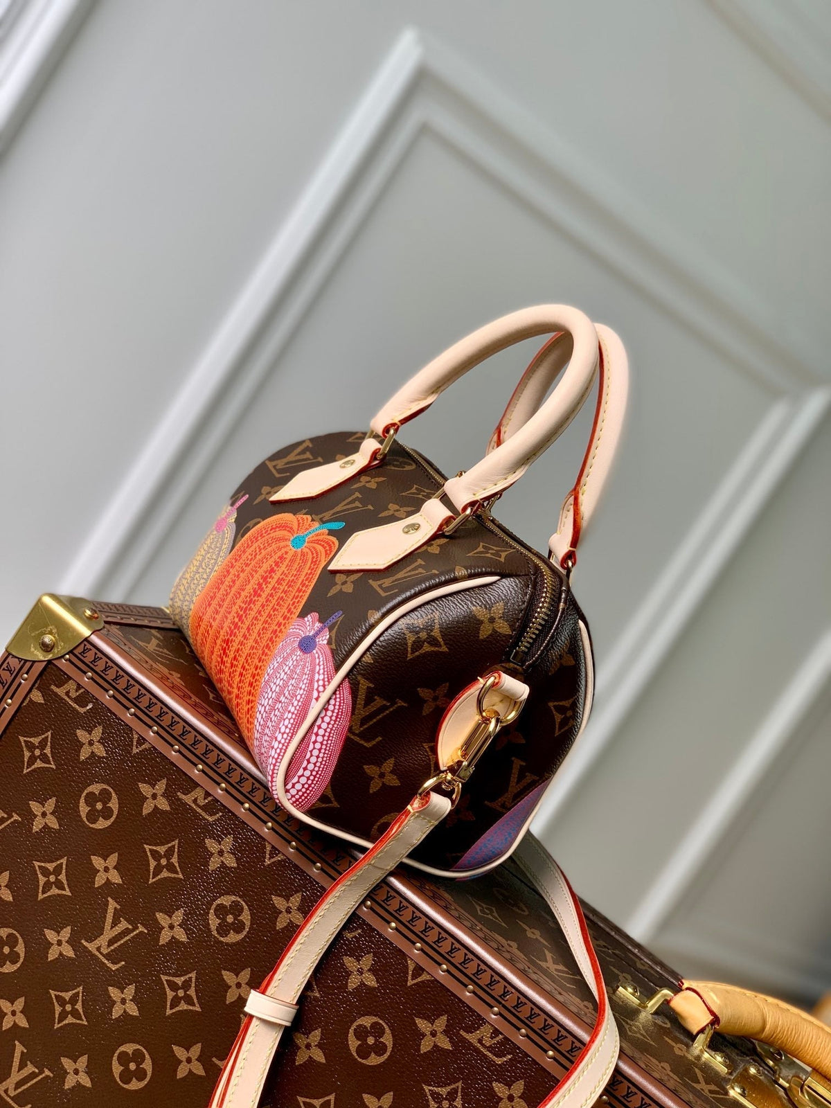 X Yk Speedy Bandoulière 20 in Brown Monogram Coated Canvas and Calfskin
