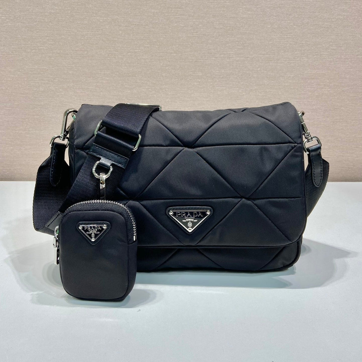 Medium Flap Bag 24 in Black Triangular Quilted Pattern Re-nylon