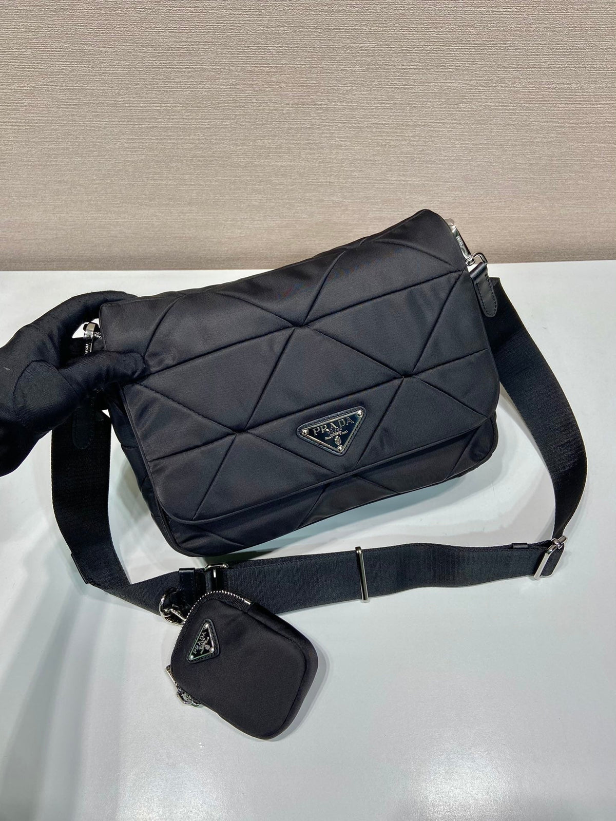 Medium Flap Bag 24 in Black Triangular Quilted Pattern Re-nylon