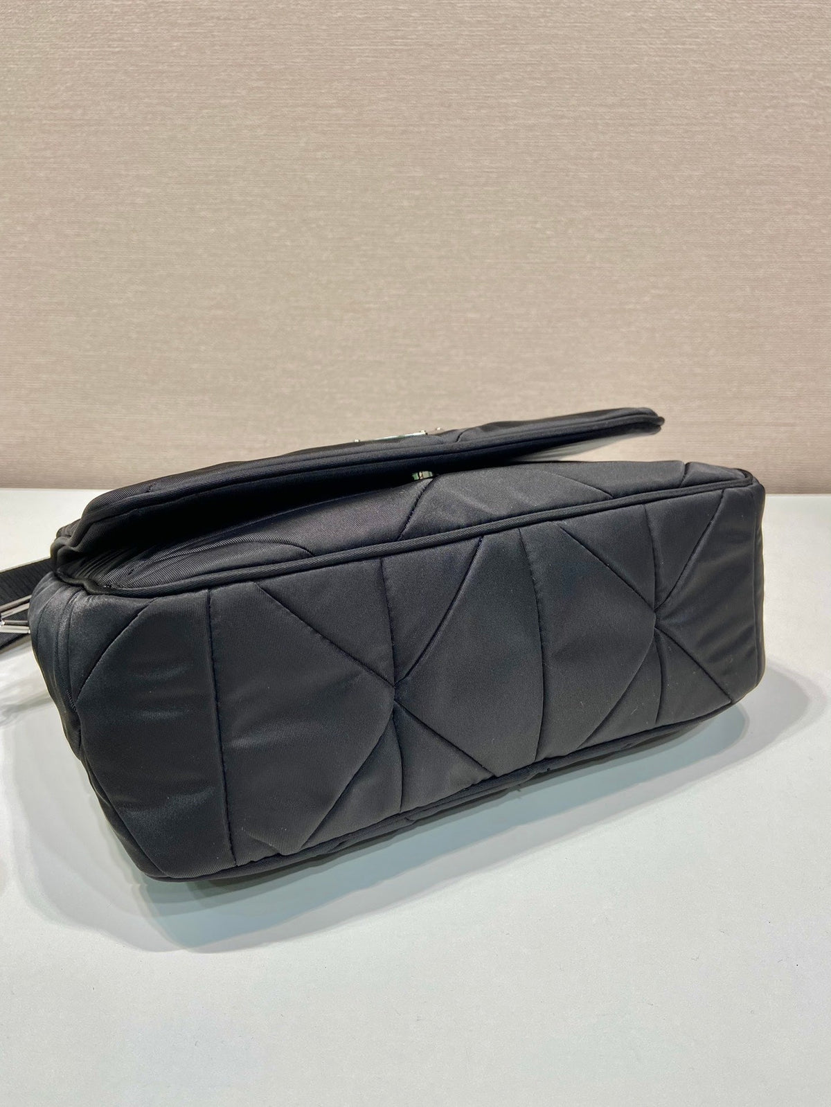 Medium Flap Bag 24 in Black Triangular Quilted Pattern Re-nylon