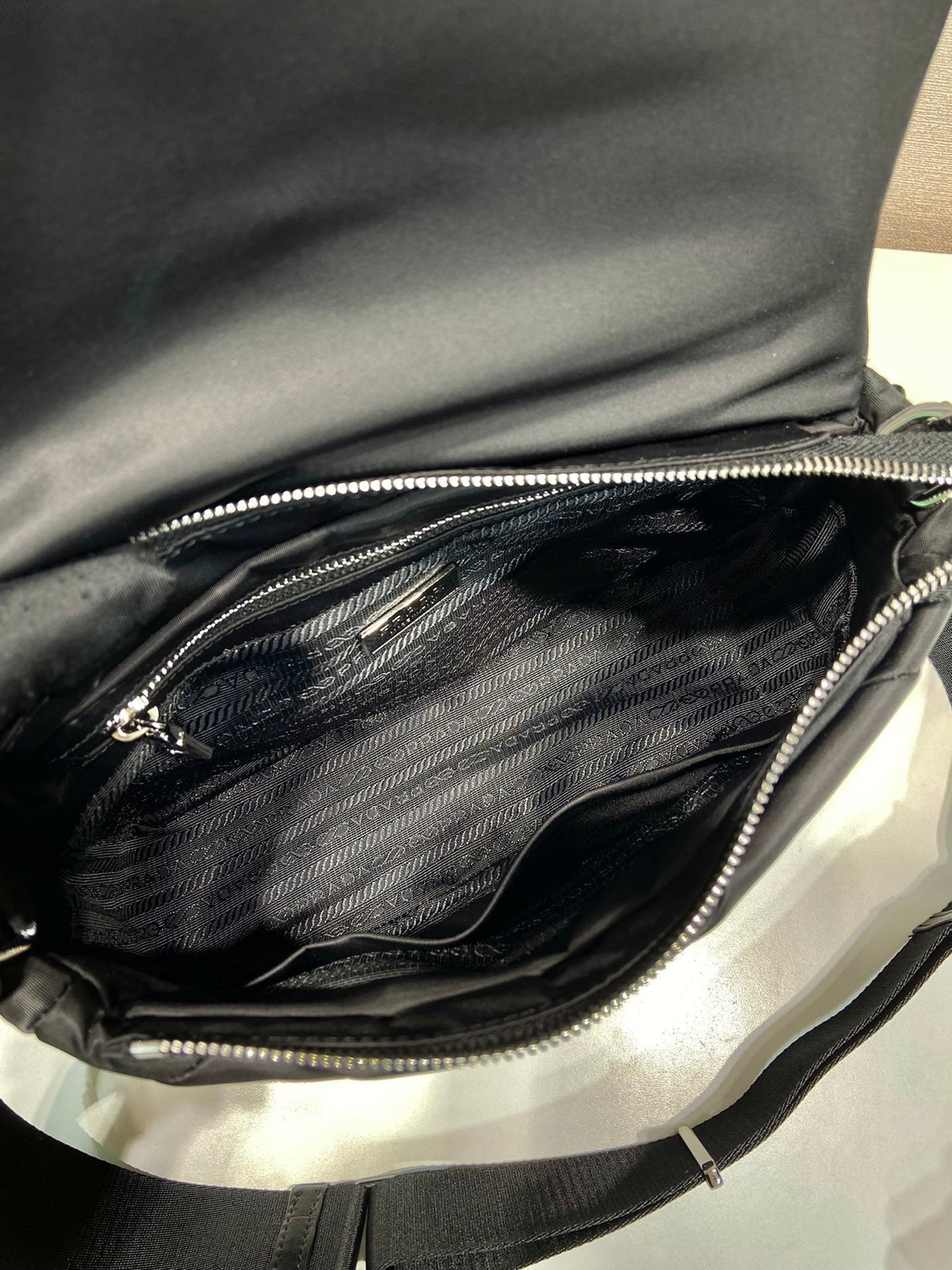 Medium Flap Bag 24 in Black Triangular Quilted Pattern Re-nylon