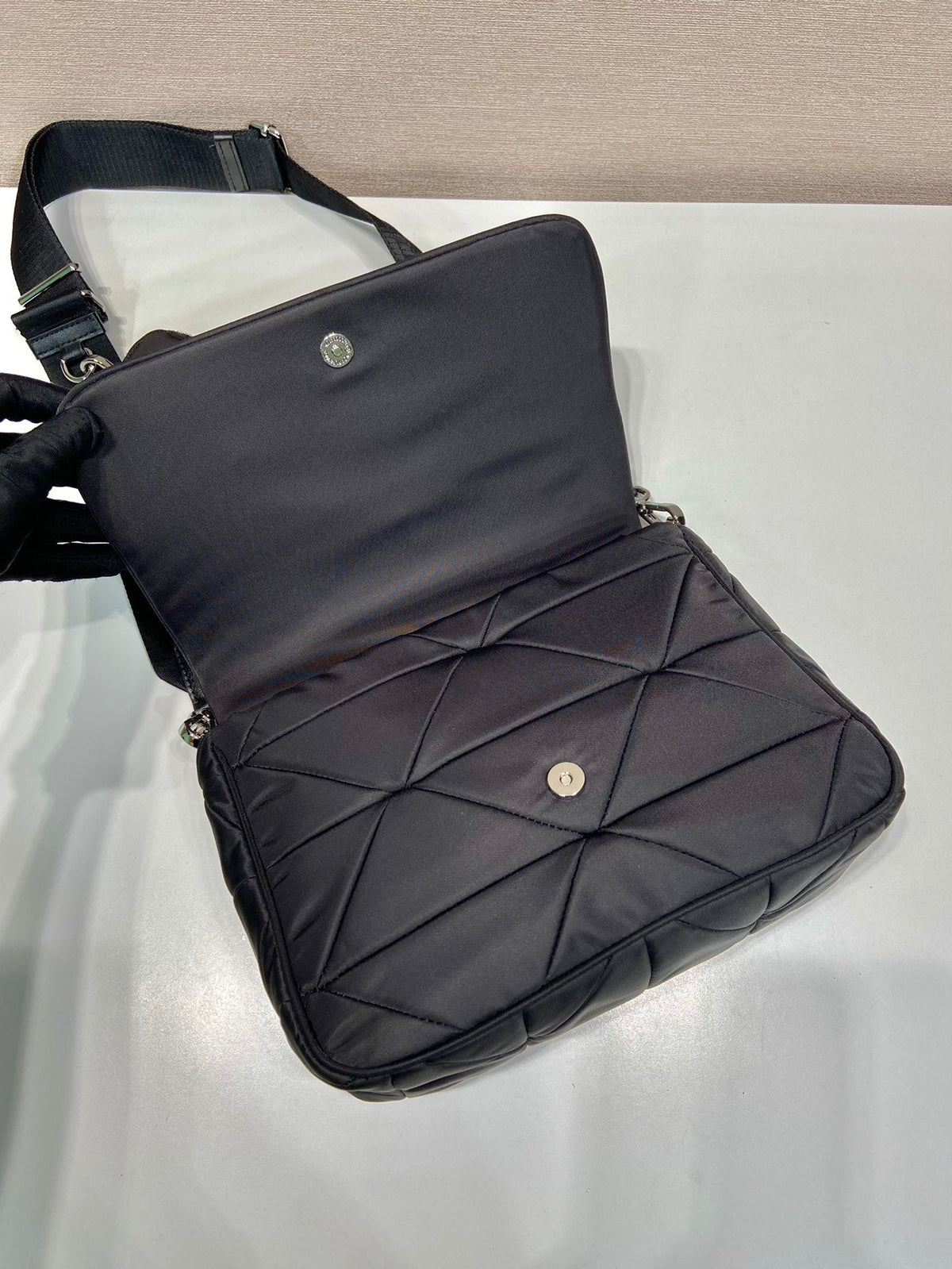 Medium Flap Bag 24 in Black Triangular Quilted Pattern Re-nylon