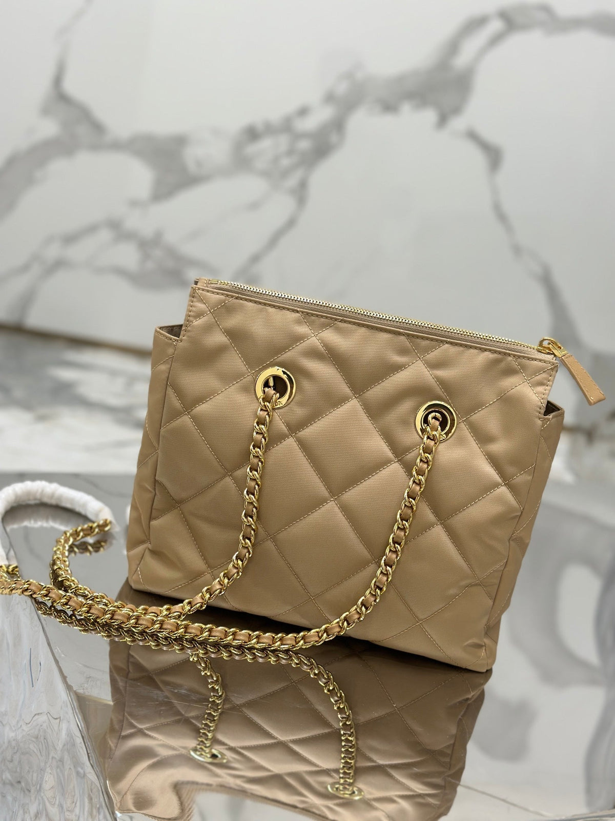 Vintage Hobo Bag 25 in Light French Beige Quilted Nylon Gold Hardware