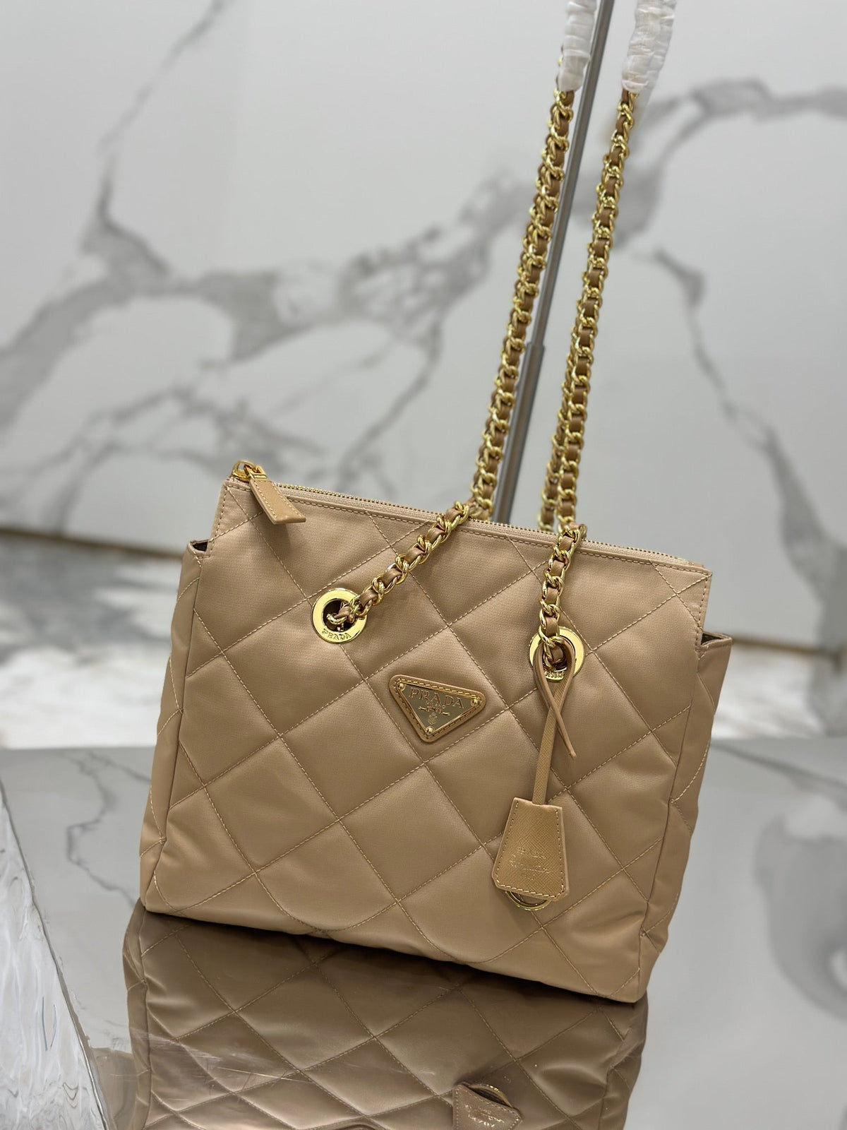Vintage Hobo Bag 25 in Light French Beige Quilted Nylon Gold Hardware
