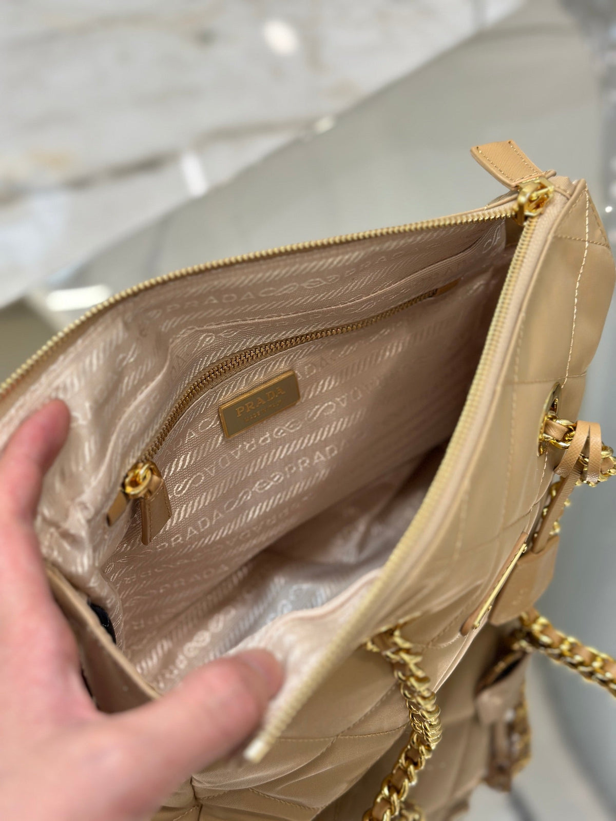 Vintage Hobo Bag 25 in Light French Beige Quilted Nylon Gold Hardware