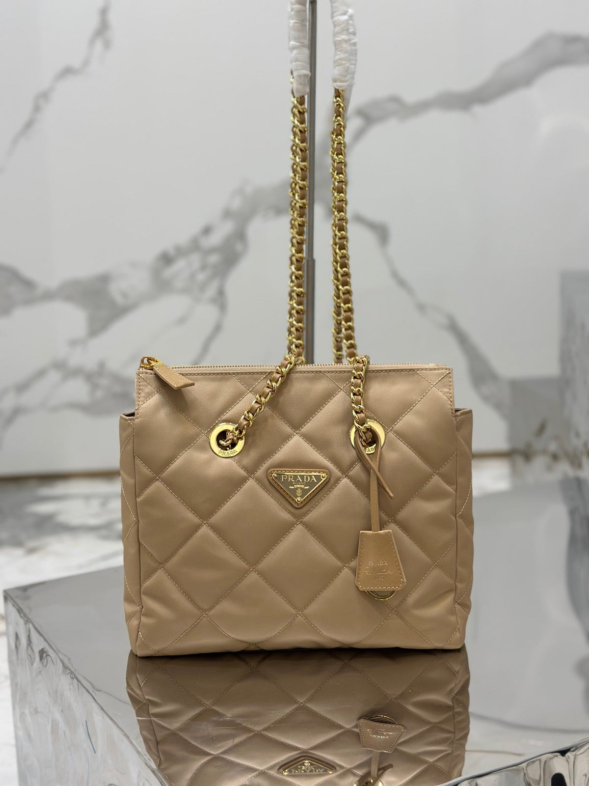 Vintage Hobo Bag 25 in Light French Beige Quilted Nylon Gold Hardware