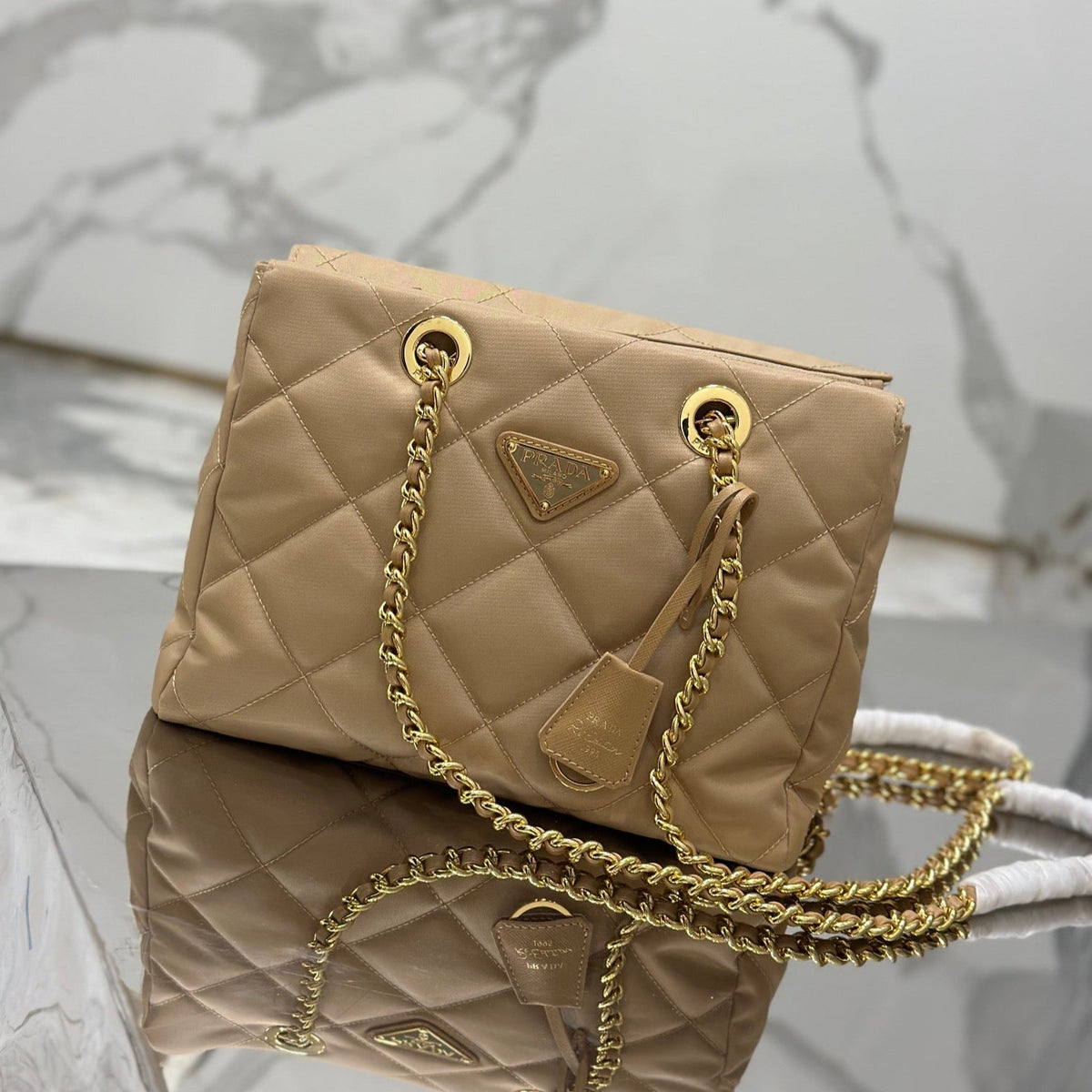 Vintage Hobo Bag 25 in Light French Beige Quilted Nylon Gold Hardware