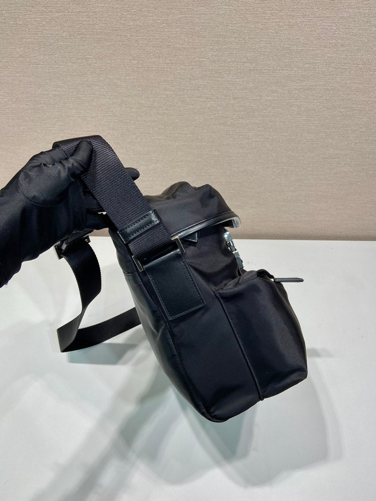 Crossbody Bag 29 in Black Re-nylon and Calfskin Trim