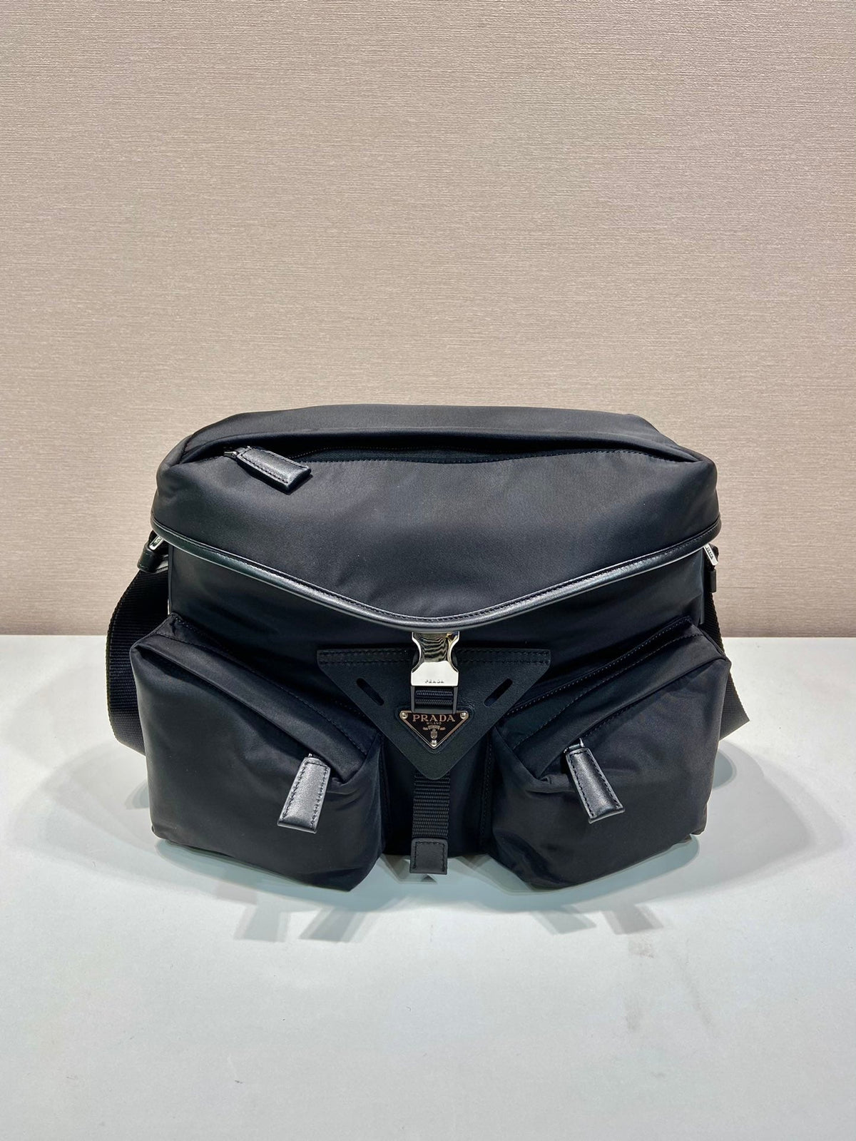 Crossbody Bag 29 in Black Re-nylon and Calfskin Trim