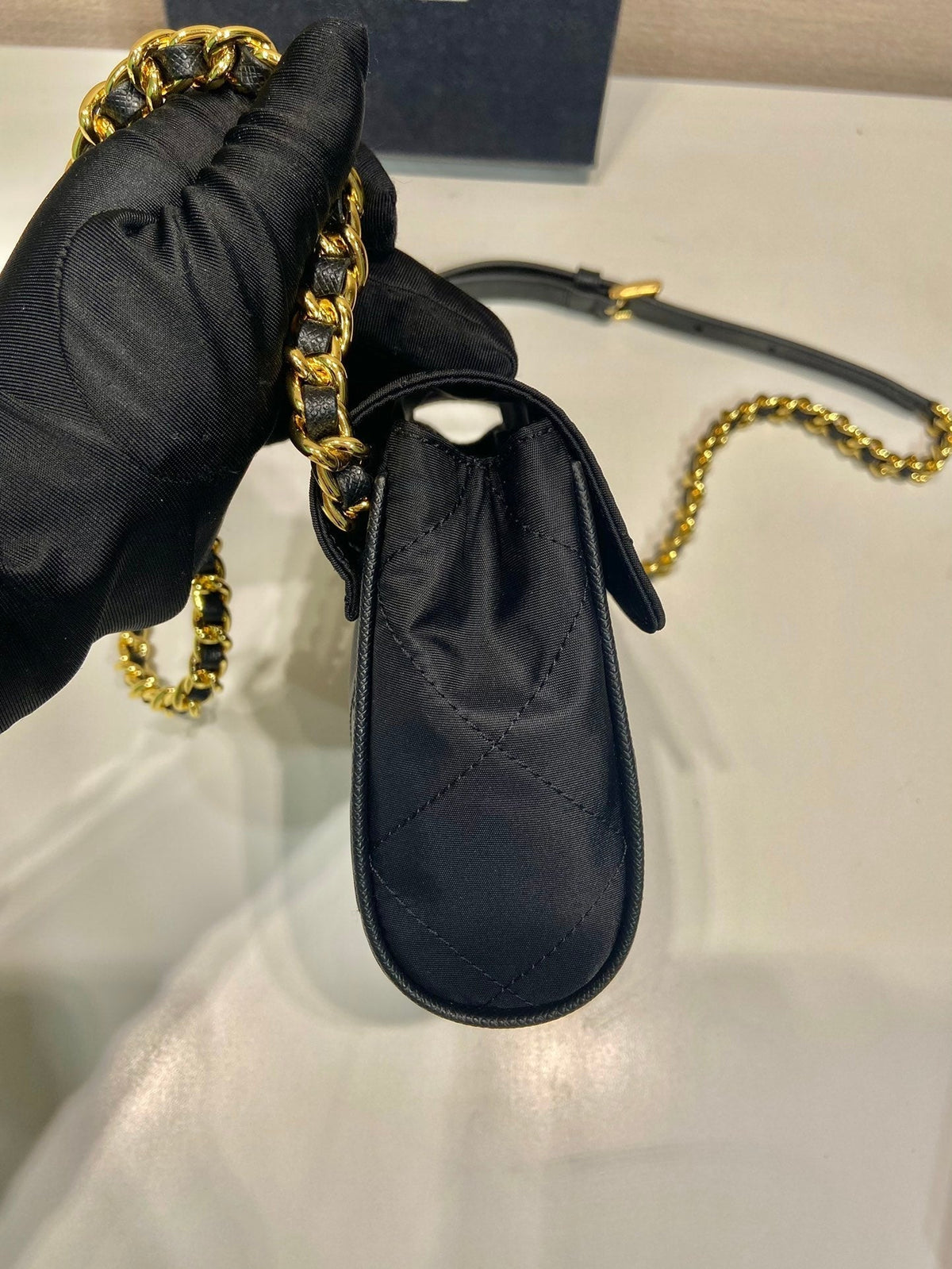 Mini Quilted Flap Bag 14 in Black Re-nylon Fabric Gold Chain