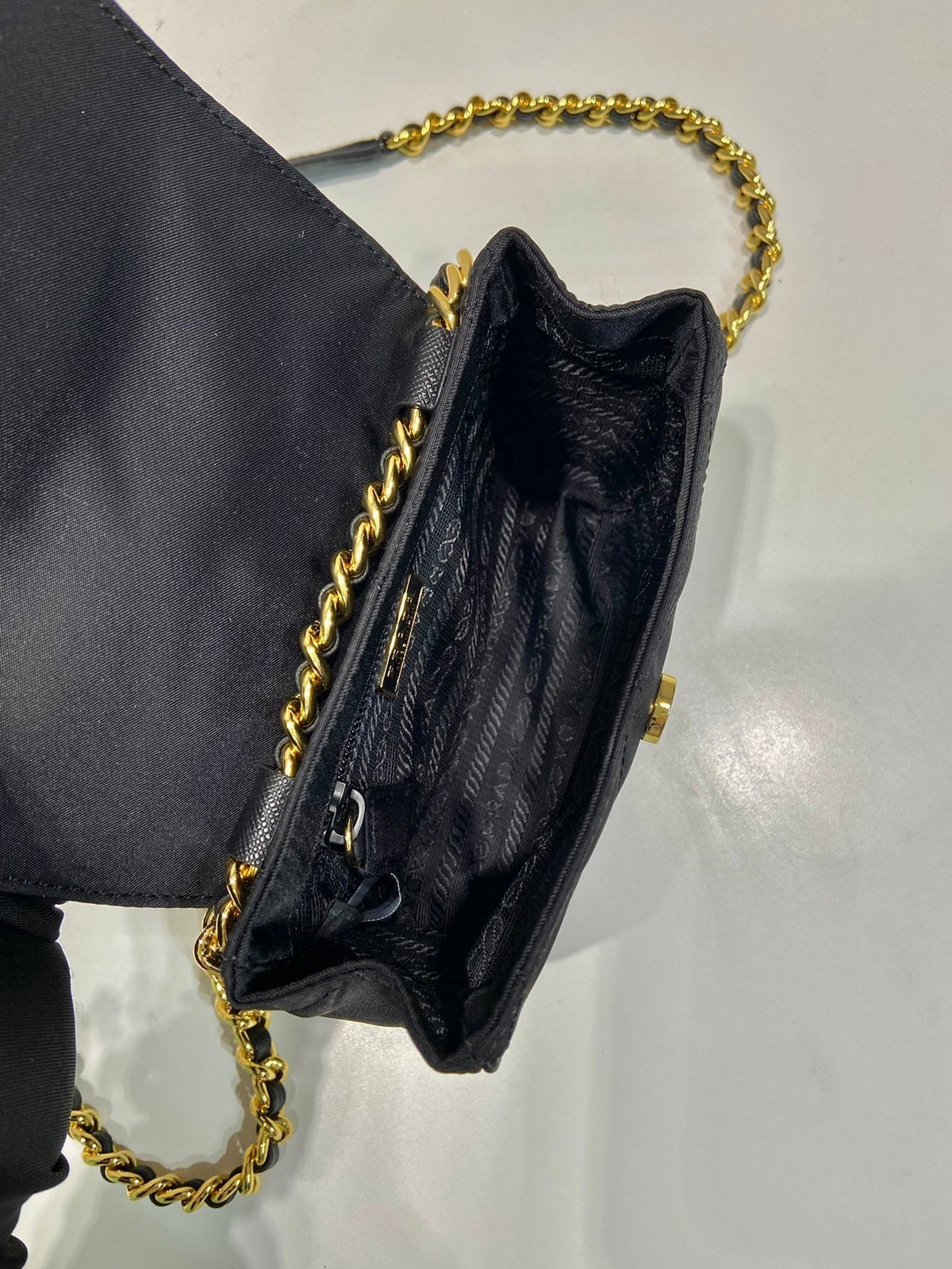 Mini Quilted Flap Bag 14 in Black Re-nylon Fabric Gold Chain