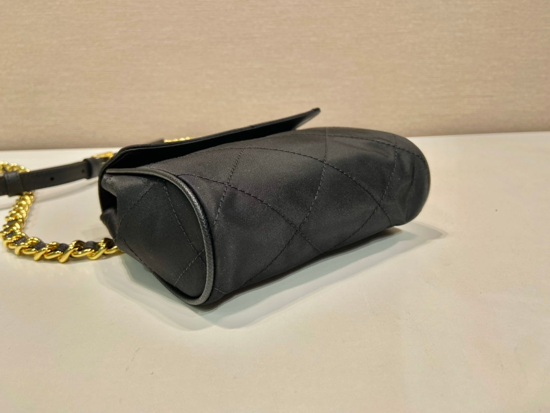 Mini Quilted Flap Bag 14 in Black Re-nylon Fabric Gold Chain