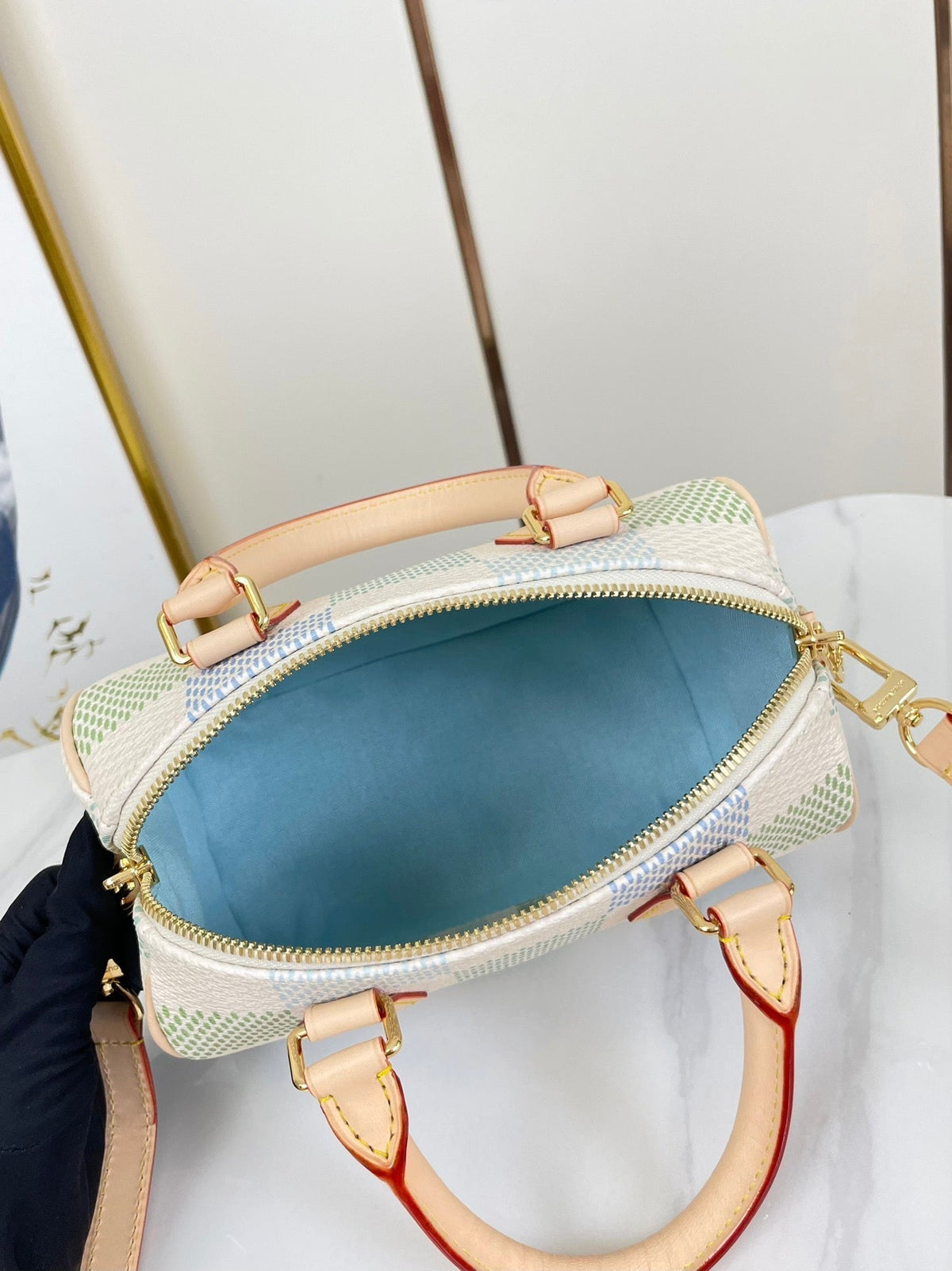 Speedy Bandoulière 20 in Pistachio Damier Giant Canvas Gold Hardware