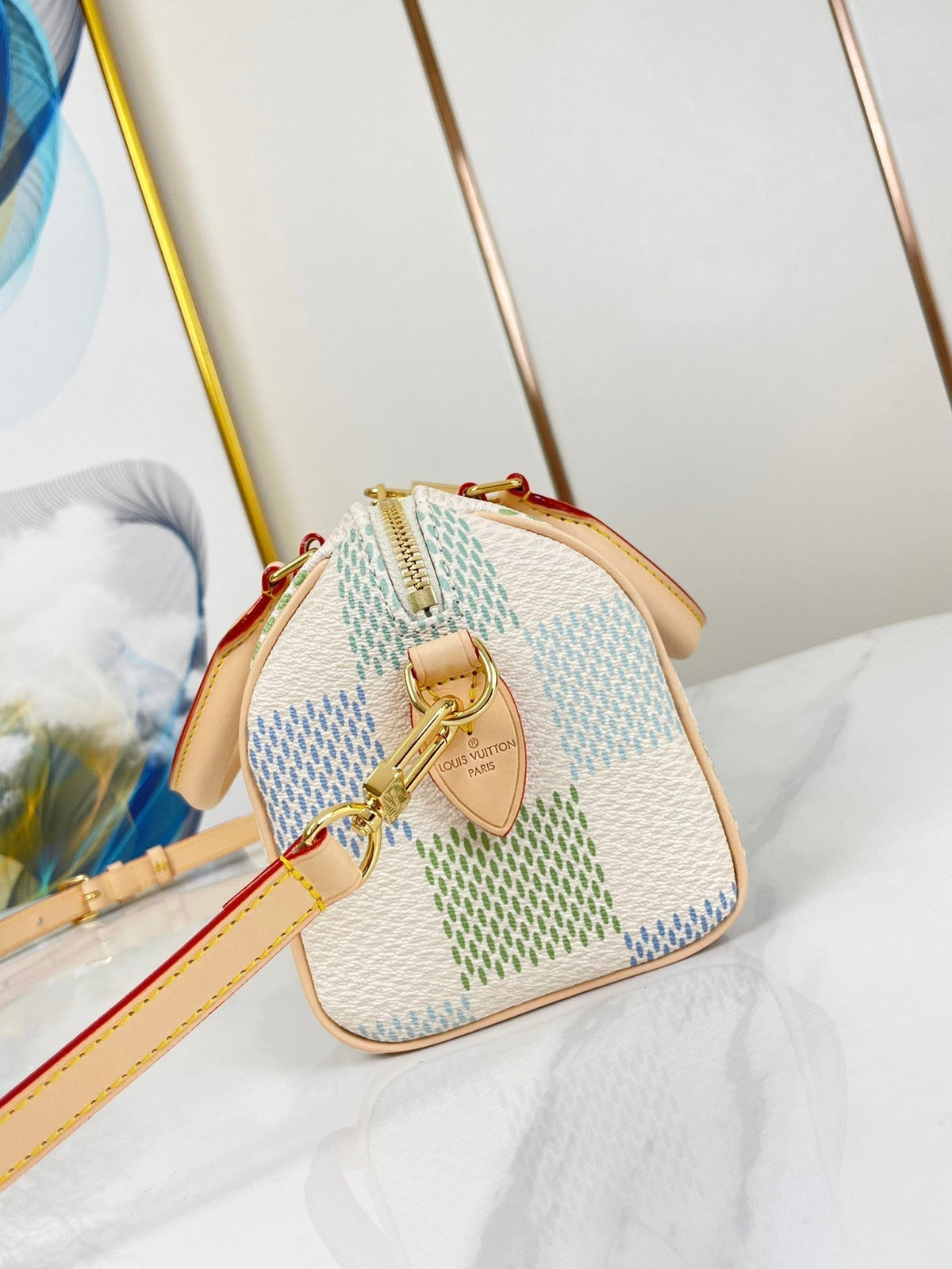 Speedy Bandoulière 20 in Pistachio Damier Giant Canvas Gold Hardware