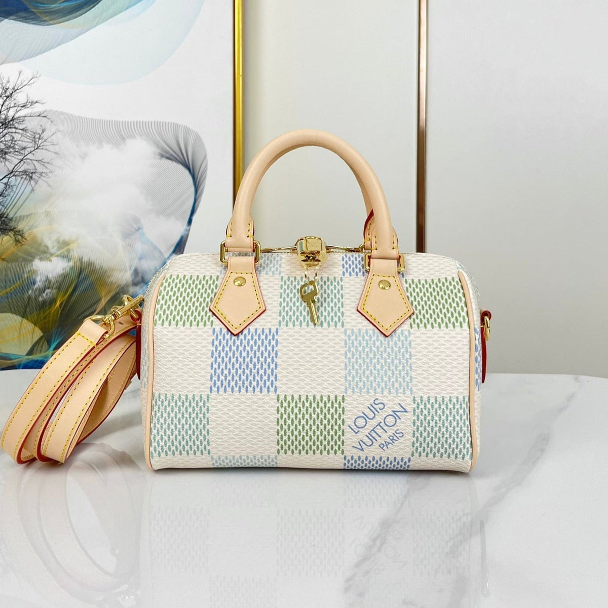 Speedy Bandoulière 20 in Pistachio Damier Giant Canvas Gold Hardware